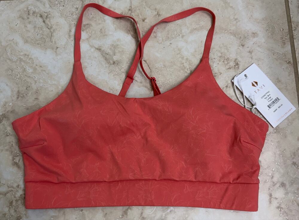 Tavi Noir Red brand sports bra features delicate floral Poppy LARGE NWOT $50